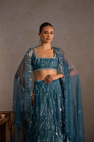Blue Lehenga With Sequin Butter Net