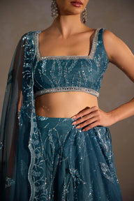 Blue Lehenga With Sequin Butter Net
