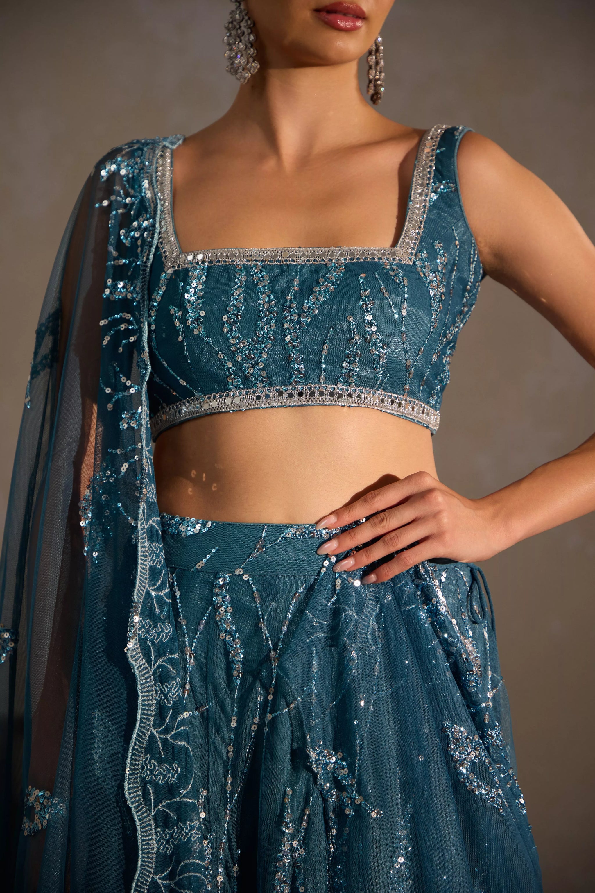 Blue Lehenga With Sequin Butter Net