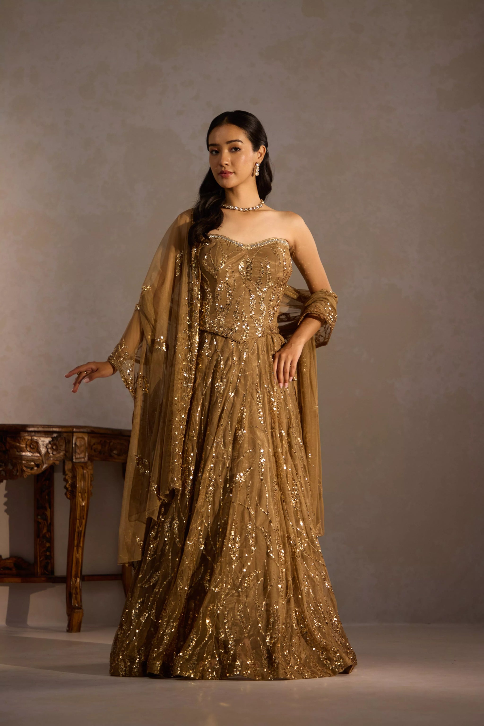 Golden Corset 
Sequin Lehenga