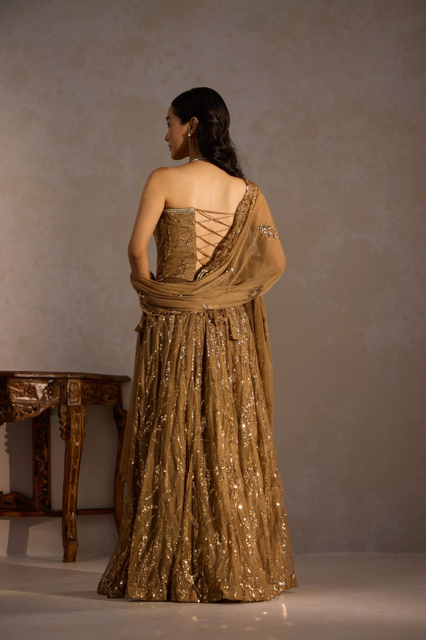 Golden Corset 
Sequin Lehenga