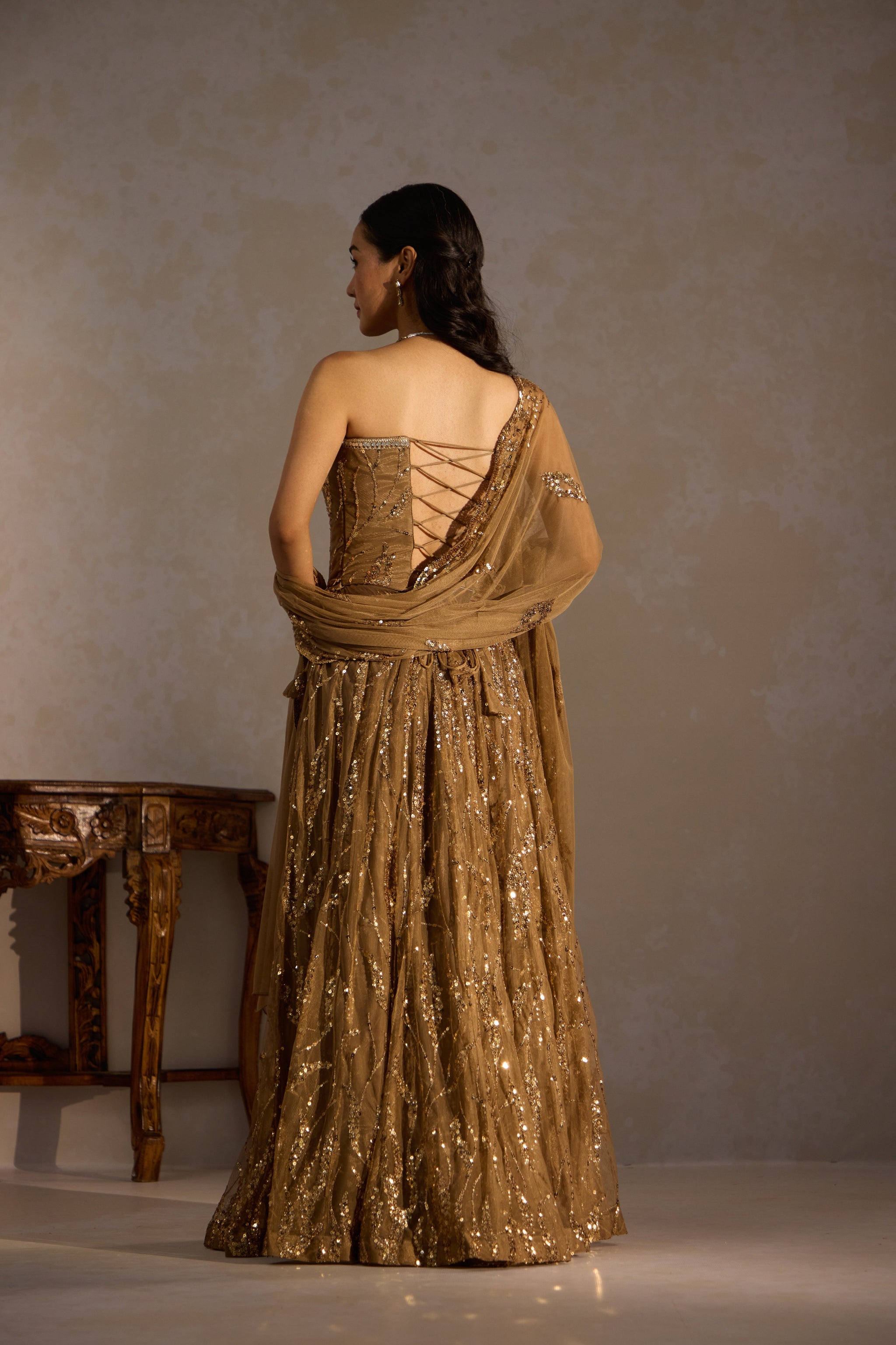 Golden Corset 
Sequin Lehenga
