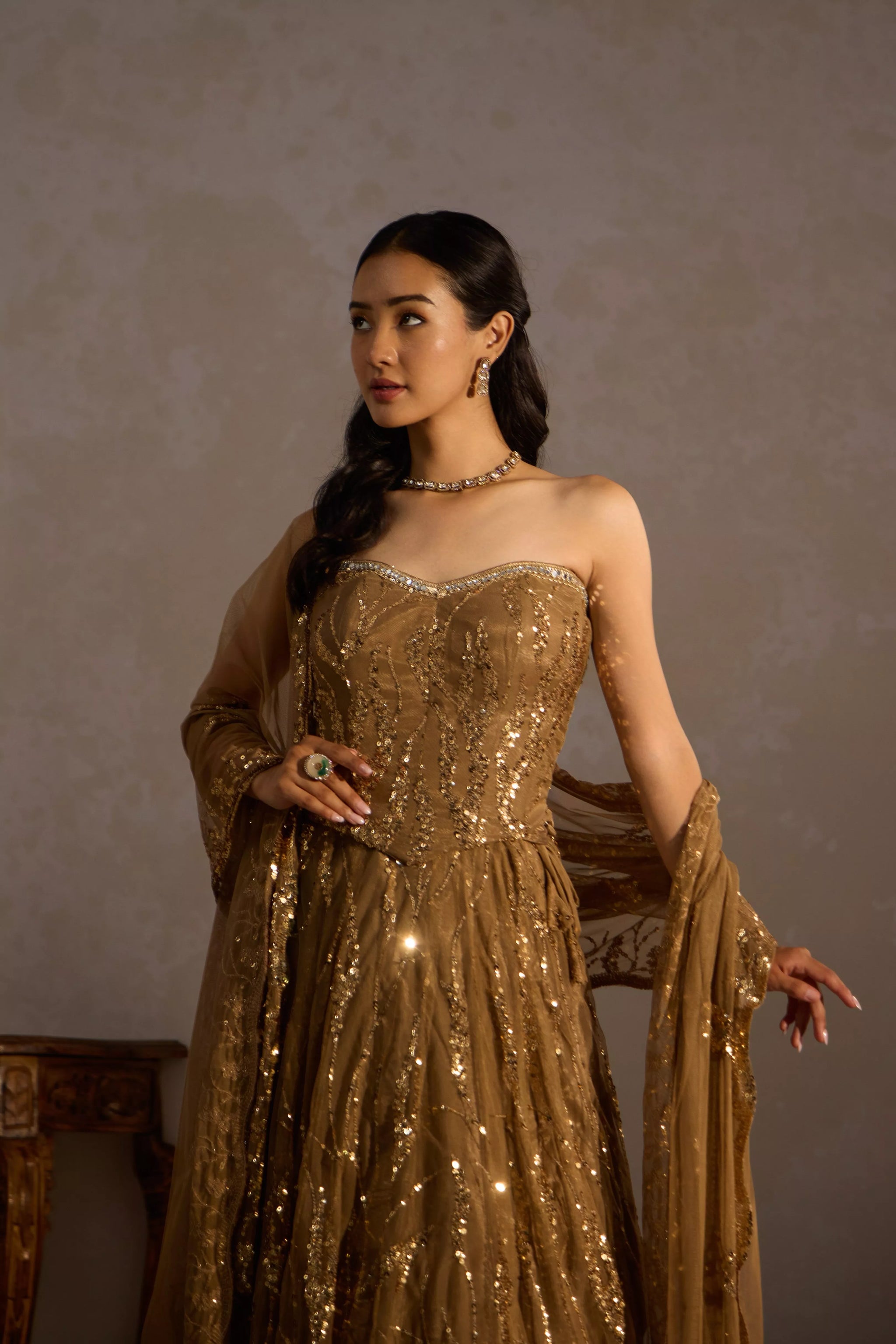 Golden Corset 
Sequin Lehenga