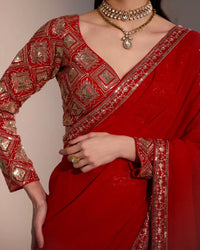 Red Georgette Saree with Zari Embroidery - AgapiSarees