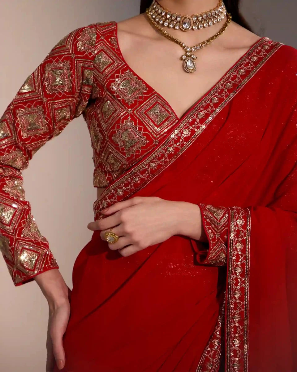 Red Georgette Saree with Zari Embroidery - AgapiSarees