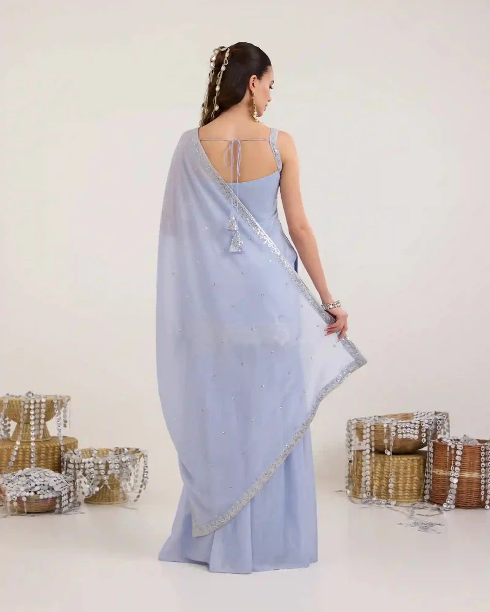Powder Blue Chiffon Gharara Set with Zari & Sequin Embroidery - AgapiGharara Set