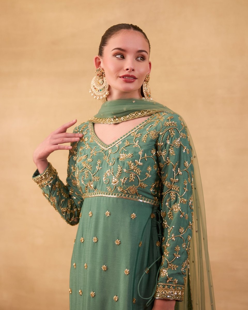 Teal Green Embroidered Kurti Set - AgapiKurti