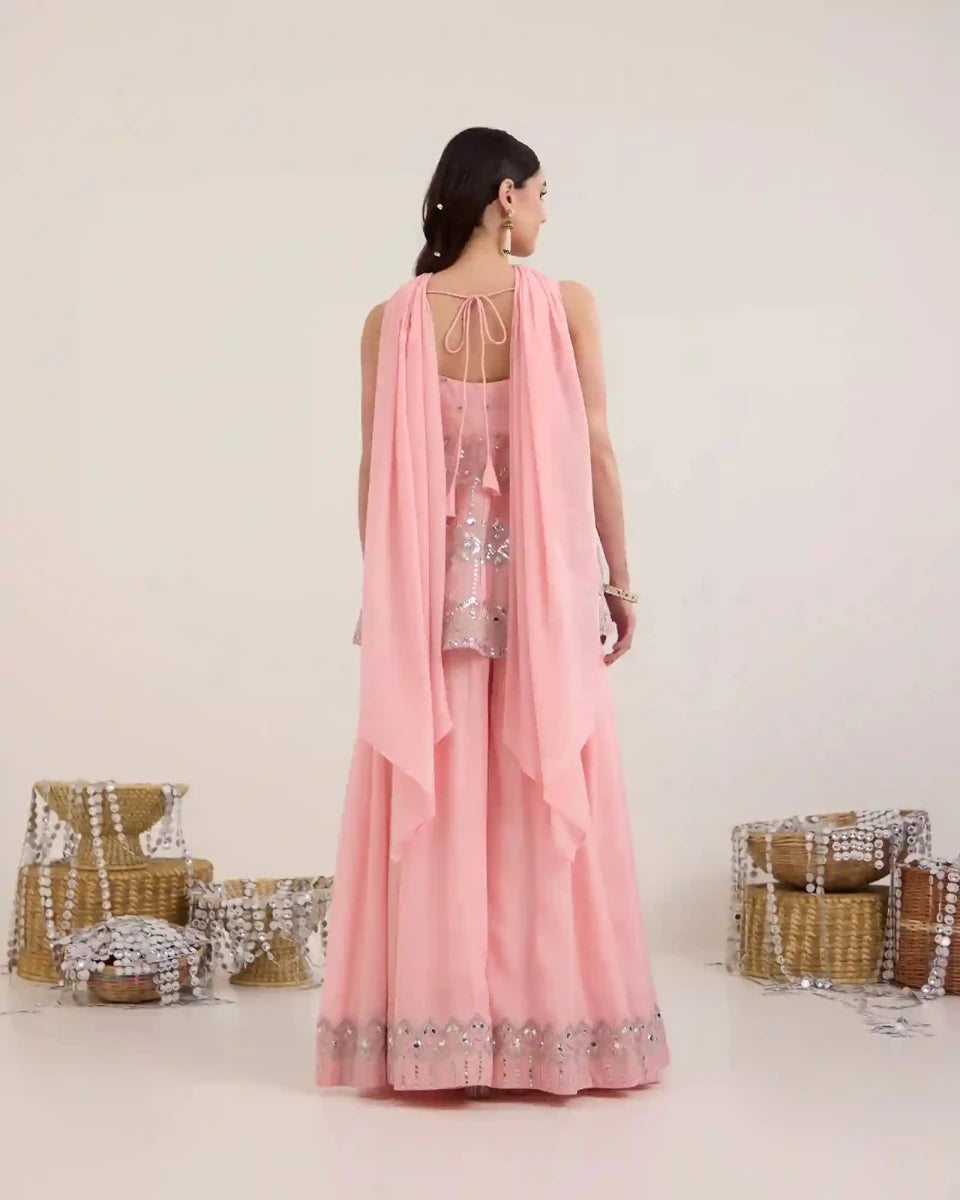 Sia Salmon Pink Chiffon Sharara Set with Mirror Work - AgapiSharara Set