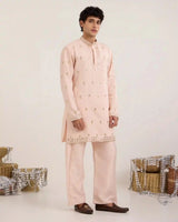 Arel Soft Apricot Satin Kurta Set with Zari - AgapiMen's Kurtha