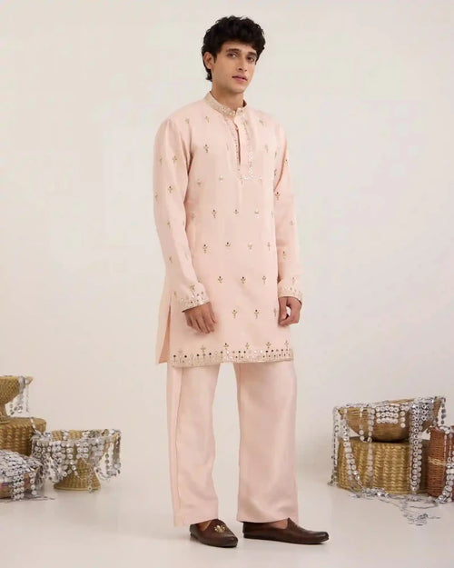 Arel Soft Apricot Satin Kurta Set with Zari - AgapiMen's Kurtha