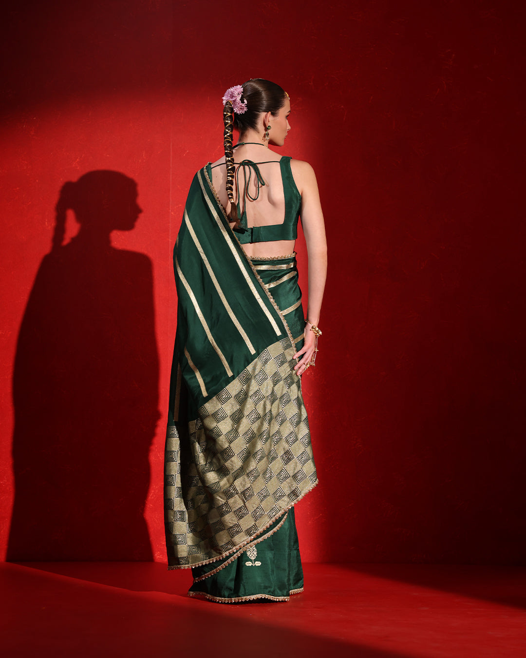 Bottle Green  Sleeveless Blouse Saree
