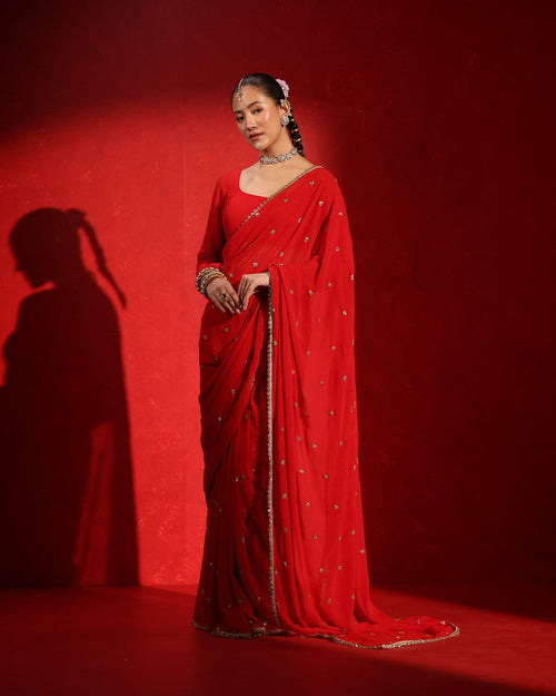 Ruby Red Embellished Saree - AgapiSarees