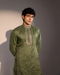 Men’s olive green festive kurta with zari embroidery