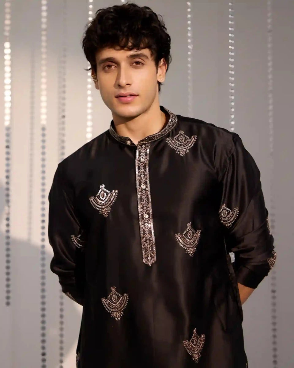 Black Satin Kurta Set with Zari Thread - AgapiMen's Kurtha