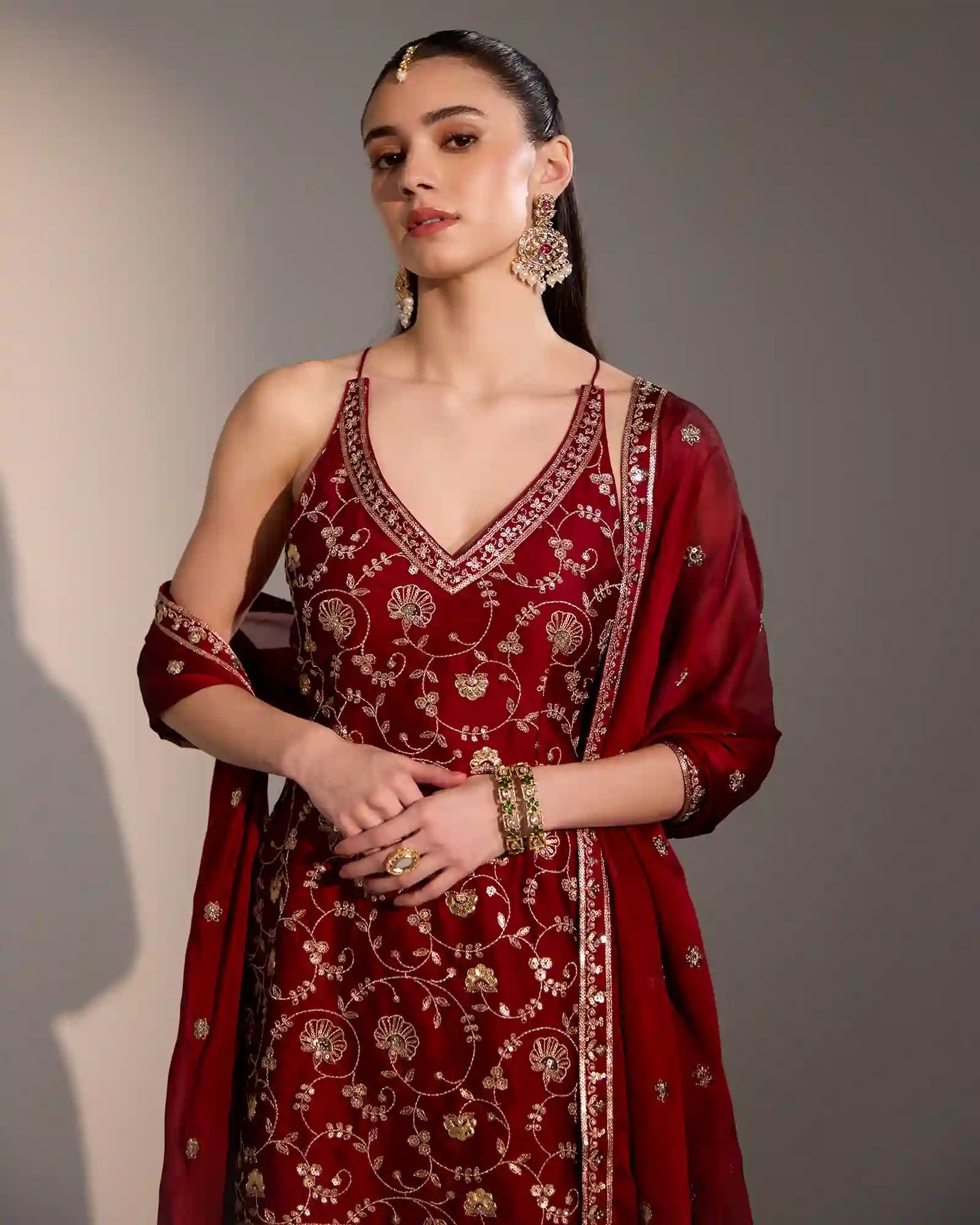 Designer red sharara set with sequin embroidery