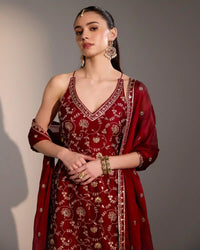 Designer red sharara set with sequin embroidery