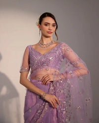 Soft Lilac Pre - Stitched Saree in Soft Net with Sequins, Silver Jari & Mirror Work - AgapiSarees