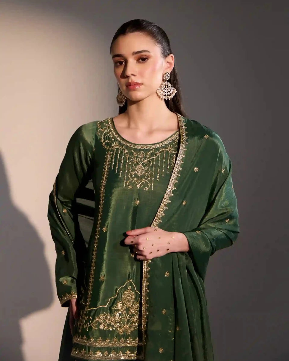 Kira Olive Green Chiffon Kurti Set with Gharara & Zari Detailing - AgapiGharara Set