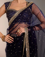 Navy Blue Net Saree with Zari Sequins Work - AgapiSarees