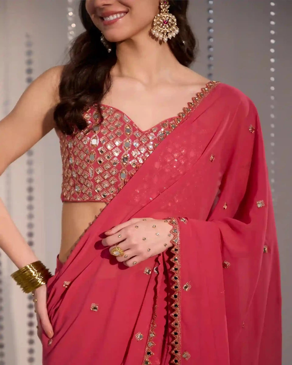 Rose Pink Georgette Pre - Draped Saree with Mirror Work - AgapiSarees