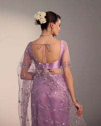 Soft Lilac Pre - Stitched Saree in Soft Net with Sequins, Silver Jari & Mirror Work - AgapiSarees