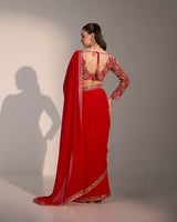 Red Georgette Saree with Zari Embroidery - AgapiSarees