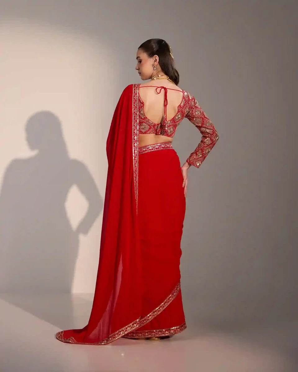 Red Georgette Saree with Zari Embroidery - AgapiSarees