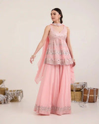Sia Salmon Pink Chiffon Sharara Set with Mirror Work - AgapiSharara Set