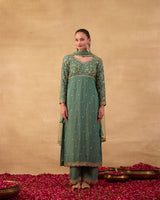 Teal Green Embroidered Kurti Set