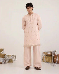 Arel Soft Apricot Satin Kurta Set with Zari - AgapiMen's Kurtha