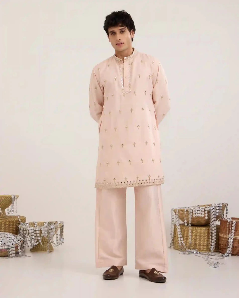Arel Soft Apricot Satin Kurta Set with Zari - AgapiMen's Kurtha