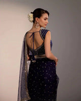 Navy Blue Net Saree with Zari Sequins Work - AgapiSarees