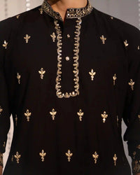 Ruhan Black Armani Satin Kurta Set with Zari - AgapiMen's Kurtha