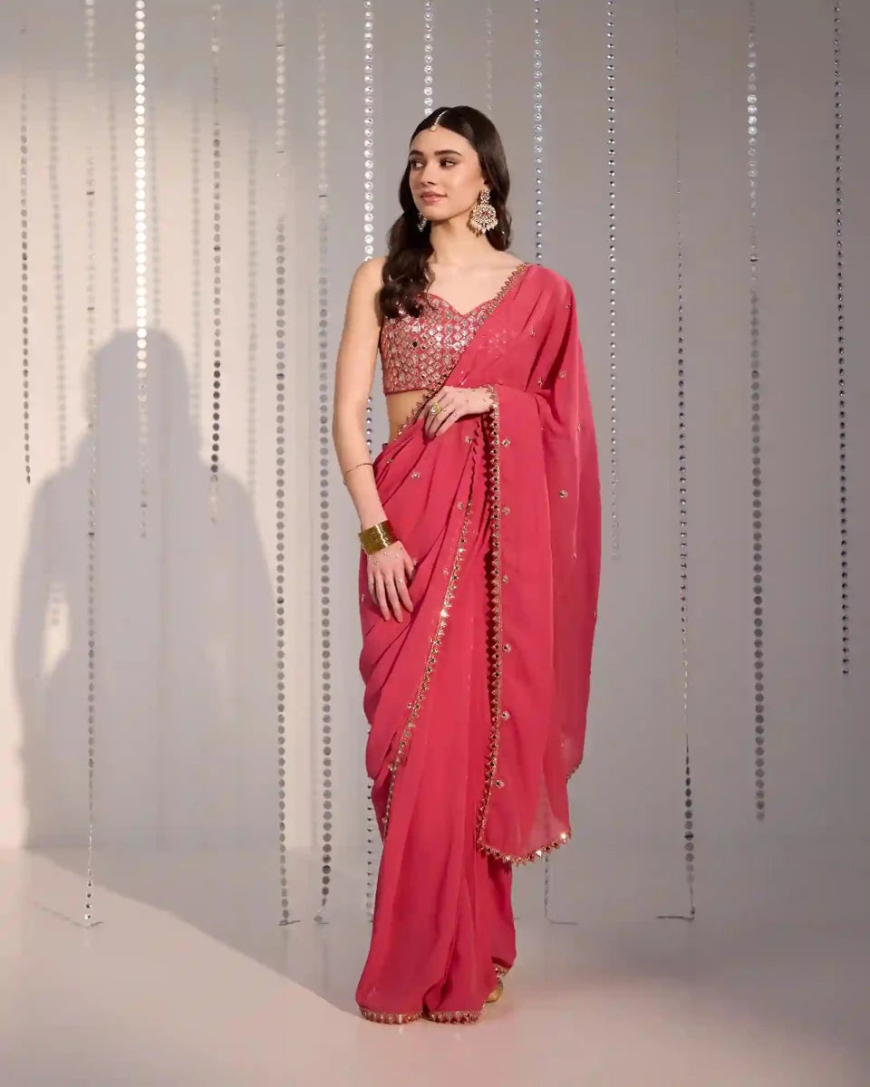 Rose Pink Georgette Pre - Draped Saree with Mirror Work - AgapiSarees
