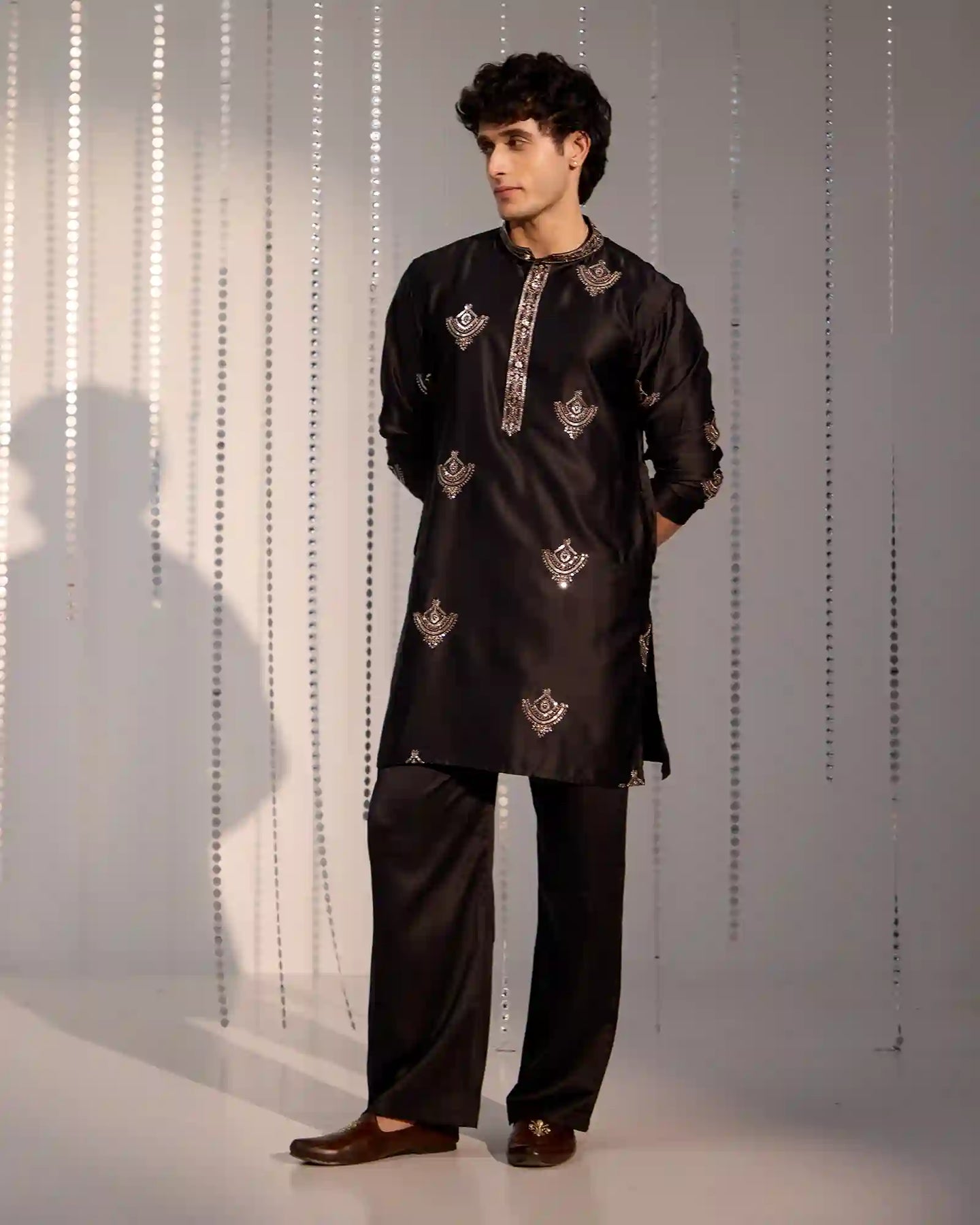 Black Satin Kurta Set with Zari Thread