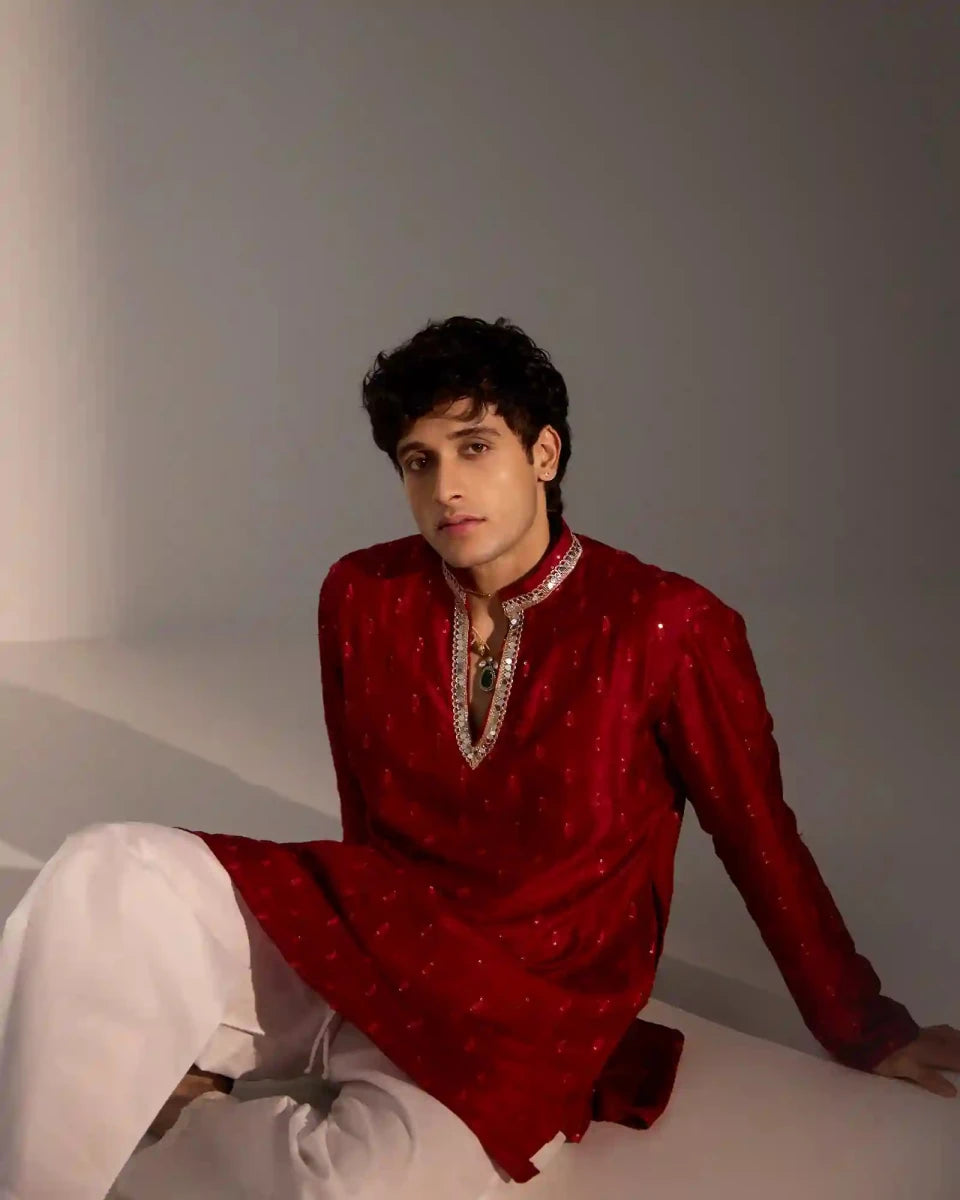 Traditional maroon ethnic kurta pajama set