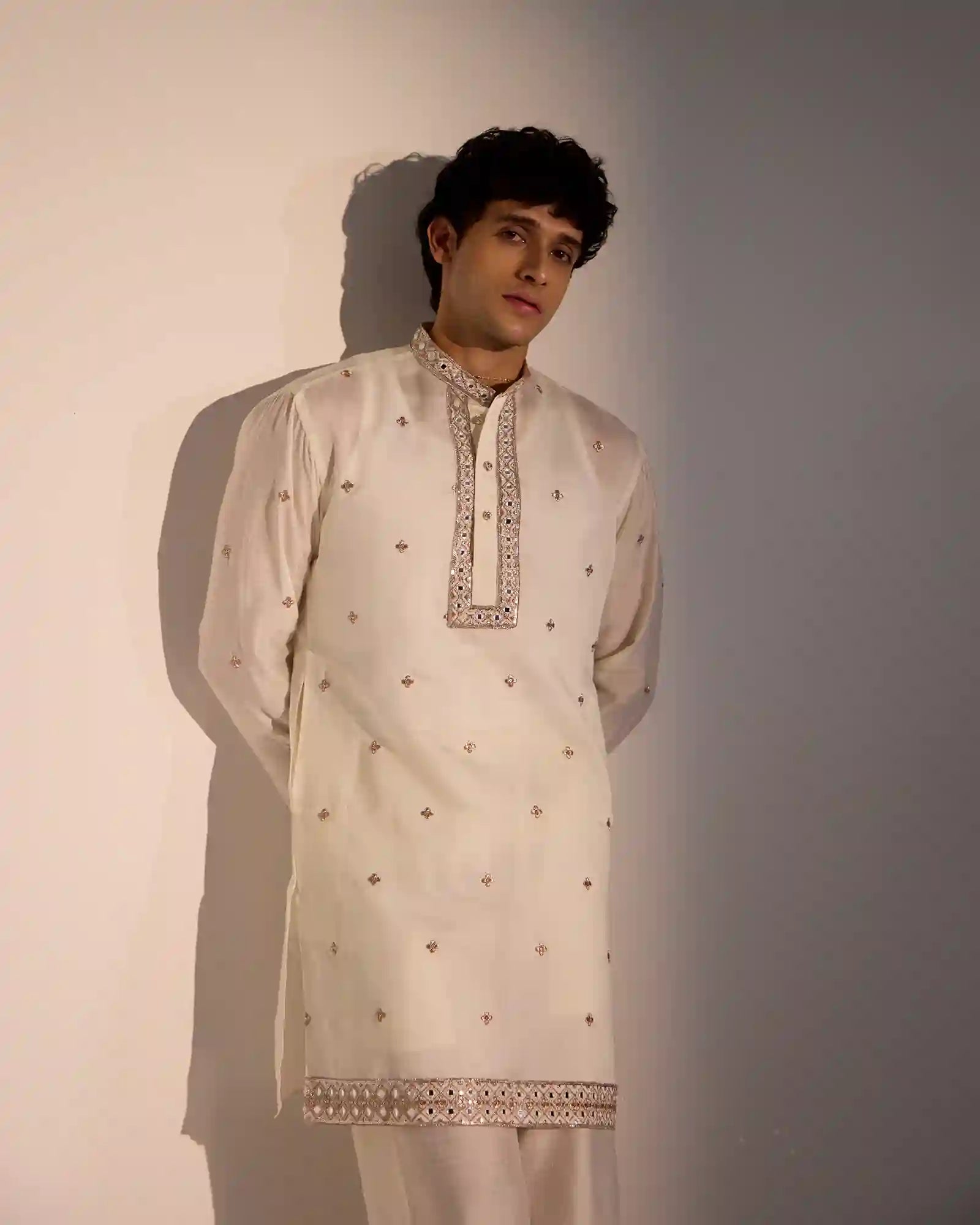 Adrian White Satin Kurta Set with Gold Zari