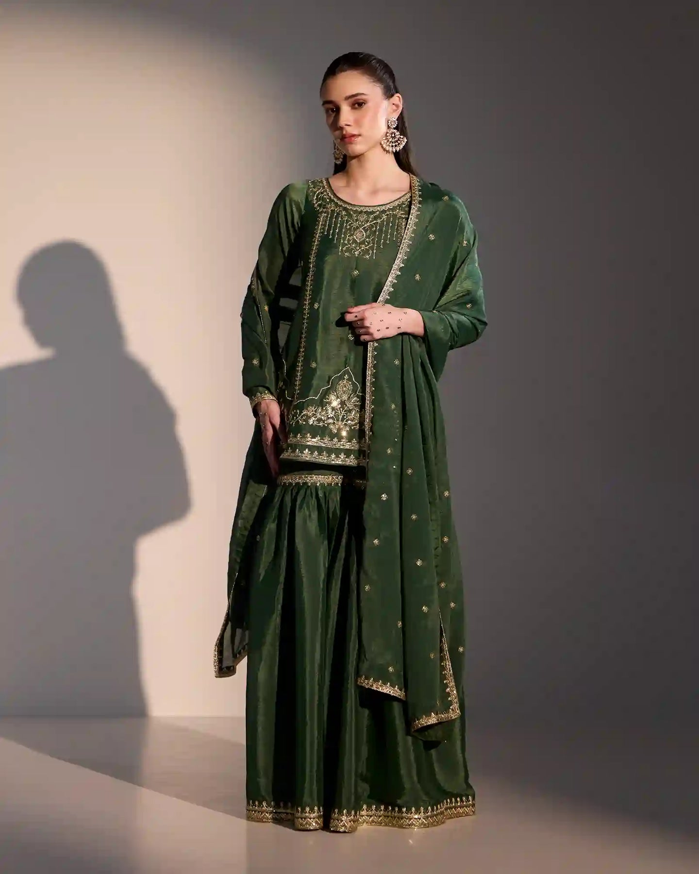 Kira Olive Green Chiffon Kurti Set with Gharara & Zari Detailing
