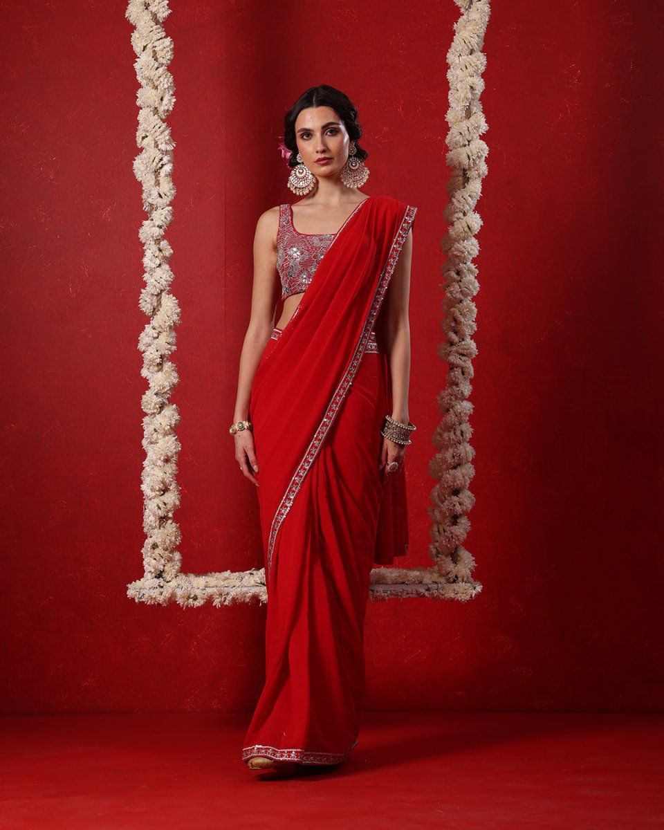 Saanjh Crimson Red Saree by Agapi Clothing featuring rich crimson elegance, artisanal ethnic detailing, and a sophisticated designer look for weddings, festivals, and special occasions.