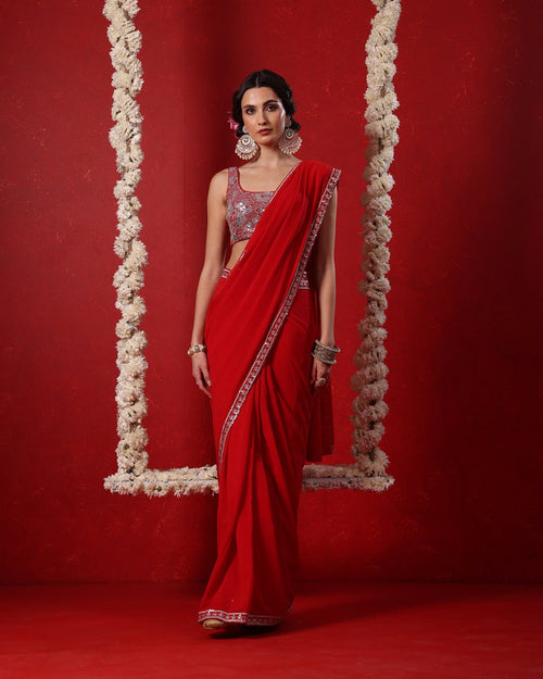Saanjh Crimson Red Saree by Agapi Clothing featuring rich crimson elegance, artisanal ethnic detailing, and a sophisticated designer look for weddings, festivals, and special occasions.