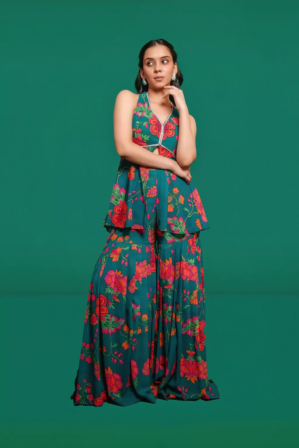 GREEN FLORAL GHARARA