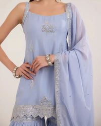 Powder Blue Chiffon Gharara Set with Zari & Sequin Embroidery - AgapiGharara Set