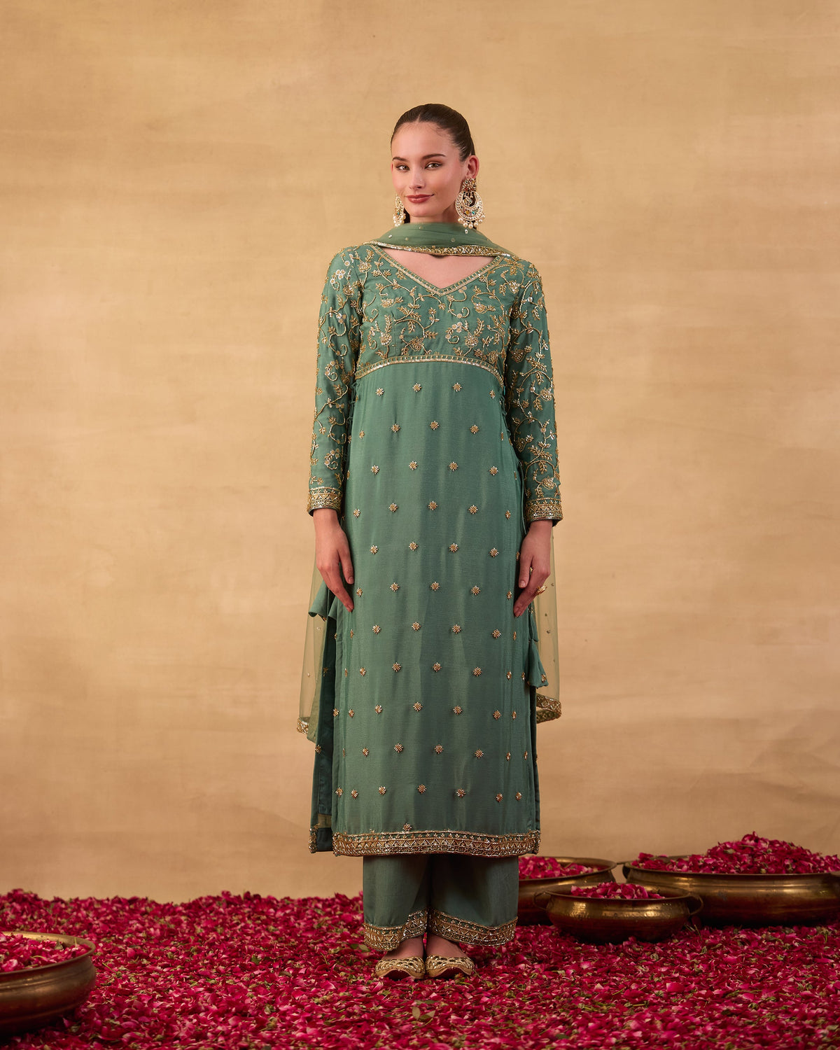 Teal Green Embroidered Kurti Set