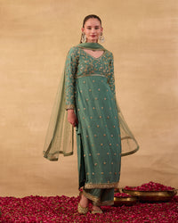 Teal Green Embroidered Kurti Set