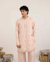 Arel Soft Apricot Satin Kurta Set with Zari - AgapiMen's Kurtha