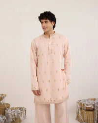 Arel Soft Apricot Satin Kurta Set with Zari - AgapiMen's Kurtha