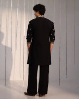 Ruhan Black Armani Satin Kurta Set with Zari - AgapiMen's Kurtha