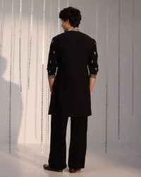 Ruhan Black Armani Satin Kurta Set with Zari - AgapiMen's Kurtha