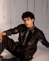 Black Satin Kurta Set with Zari Thread - AgapiMen's Kurtha