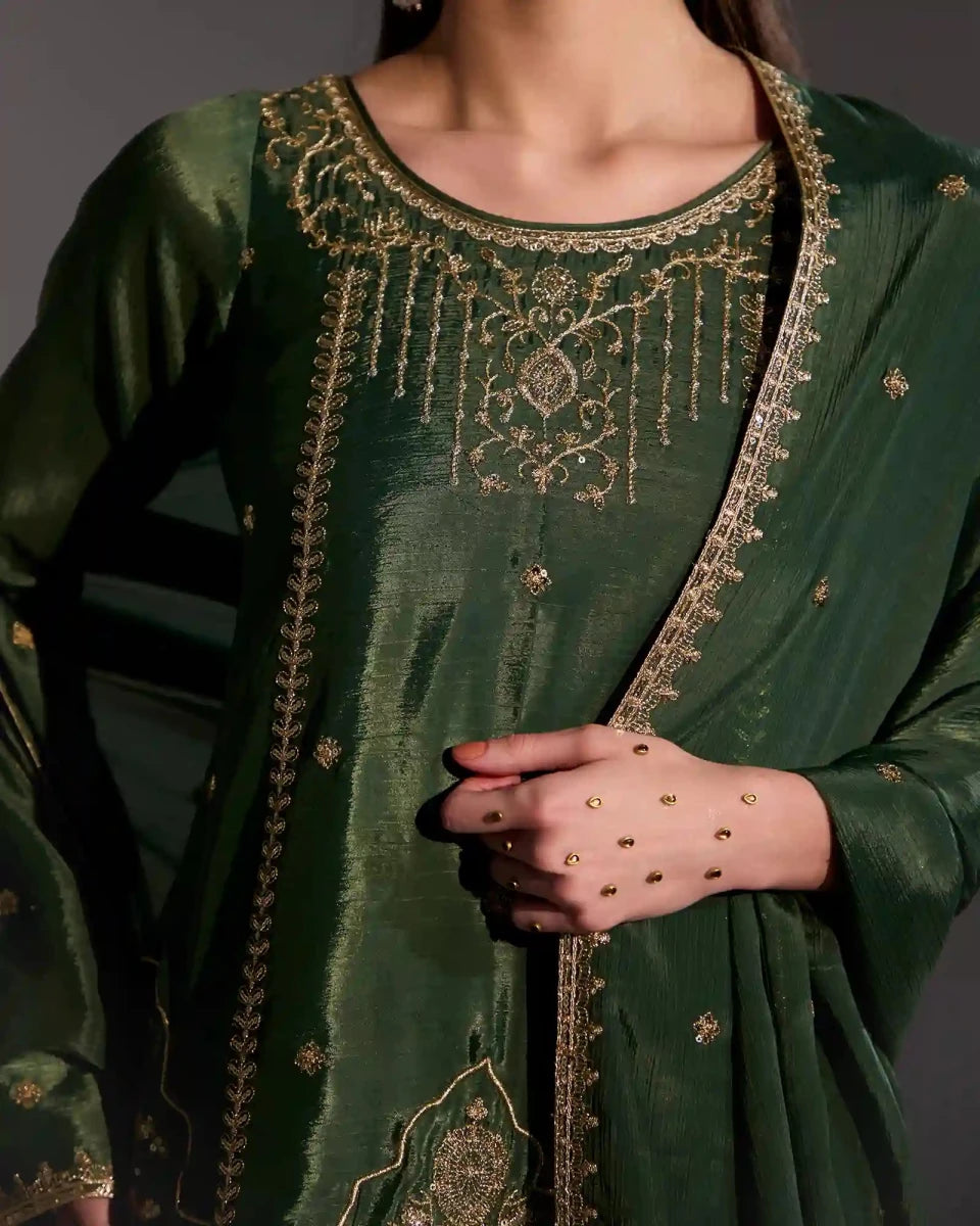 Kira Olive Green Chiffon Kurti Set with Gharara & Zari Detailing - AgapiGharara Set